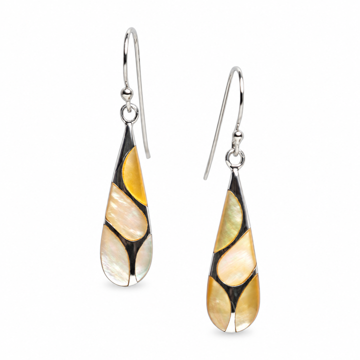 Gold Mother of Pearl Mosaic Teardrop Earrings in Rhodium-Plated Sterling Silver