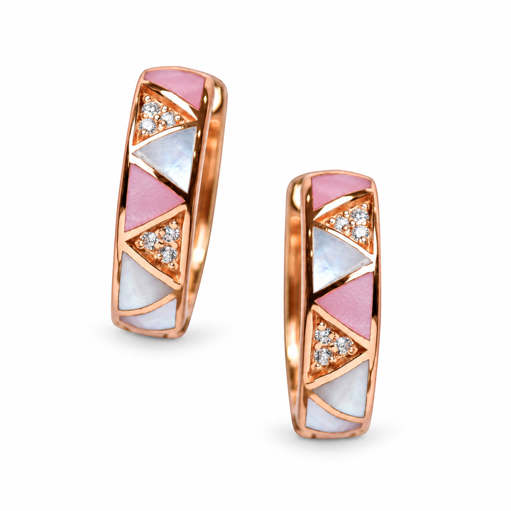 18K Rose Gold-Plated Sterling Silver Pink & White Mother-of-Pearl CZ Huggie Hoop Earrings