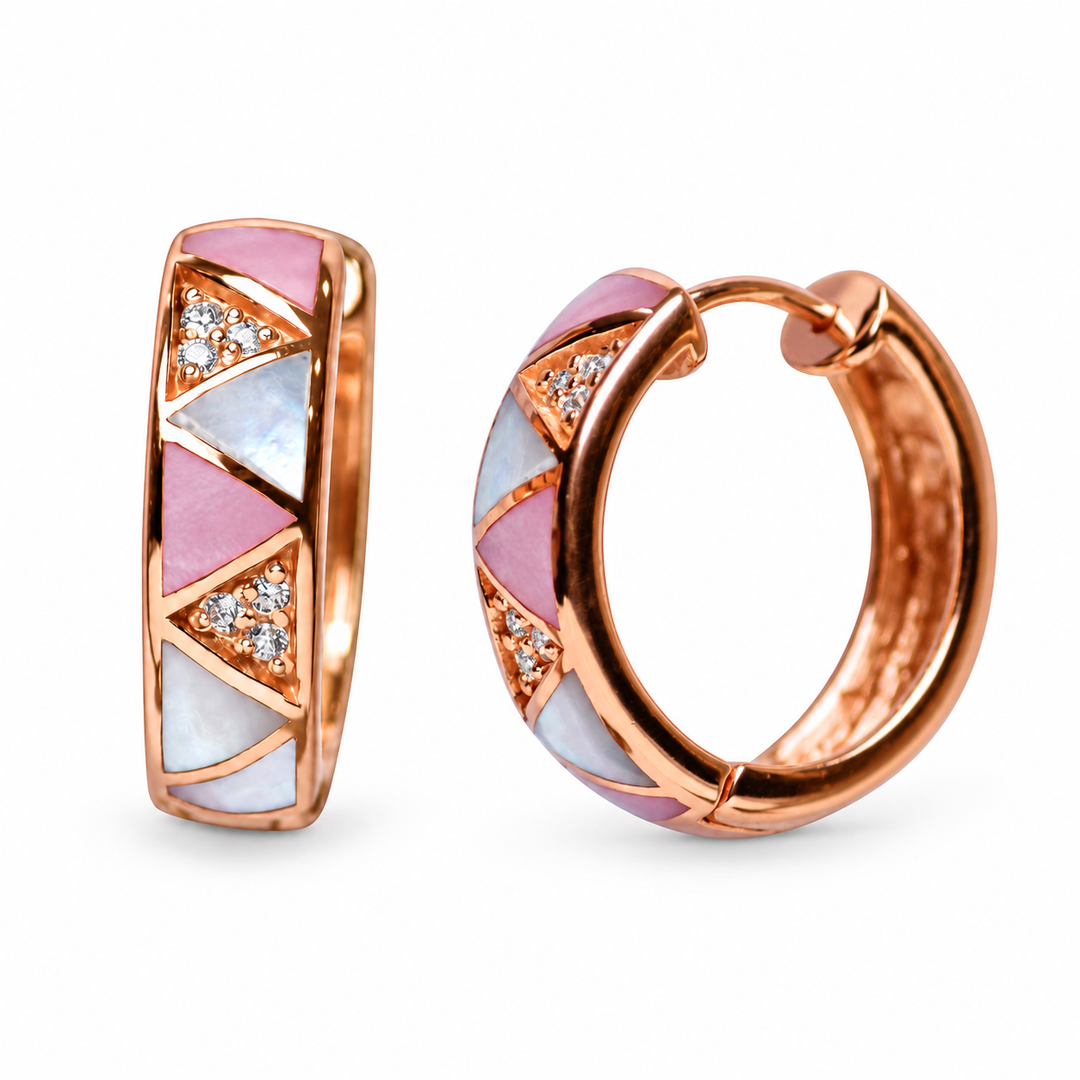 18K Rose Gold-Plated Sterling Silver Pink & White Mother-of-Pearl CZ Huggie Hoop Earrings
