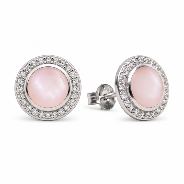 Pink Mother-of-Pearl and Diamond Simulant Halo Stud Earrings in Rhodium-Plated Sterling Silver