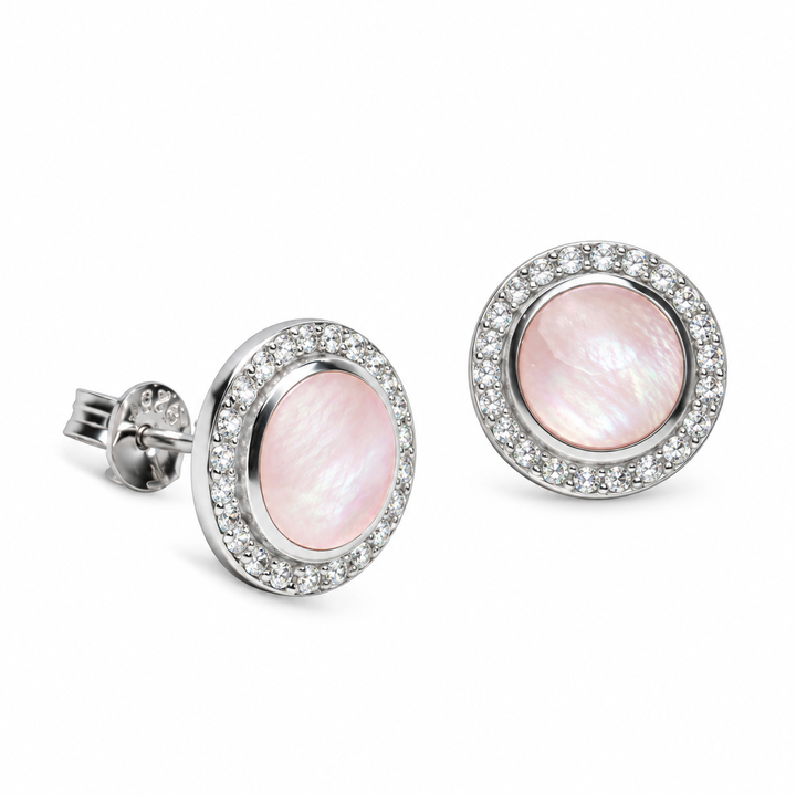 Pink Mother-of-Pearl and Diamond Simulant Halo Stud Earrings in Rhodium-Plated Sterling Silver