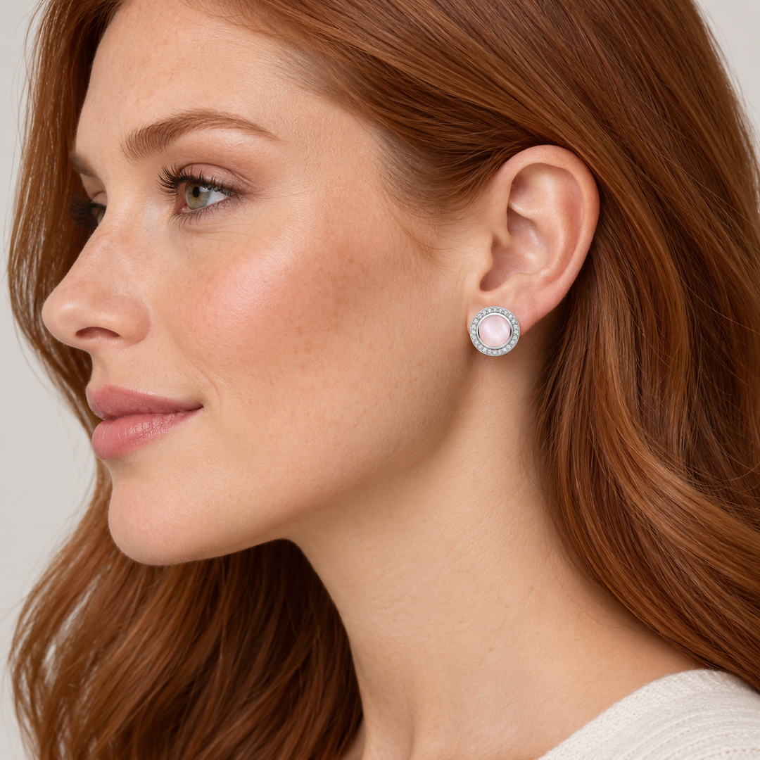 Pink Mother-of-Pearl and Diamond Simulant Halo Stud Earrings in Rhodium-Plated Sterling Silver