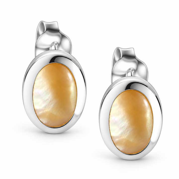 Gold Mother-of-Pearl Oval Stud Earrings in Rhodium-Plated Sterling Silver