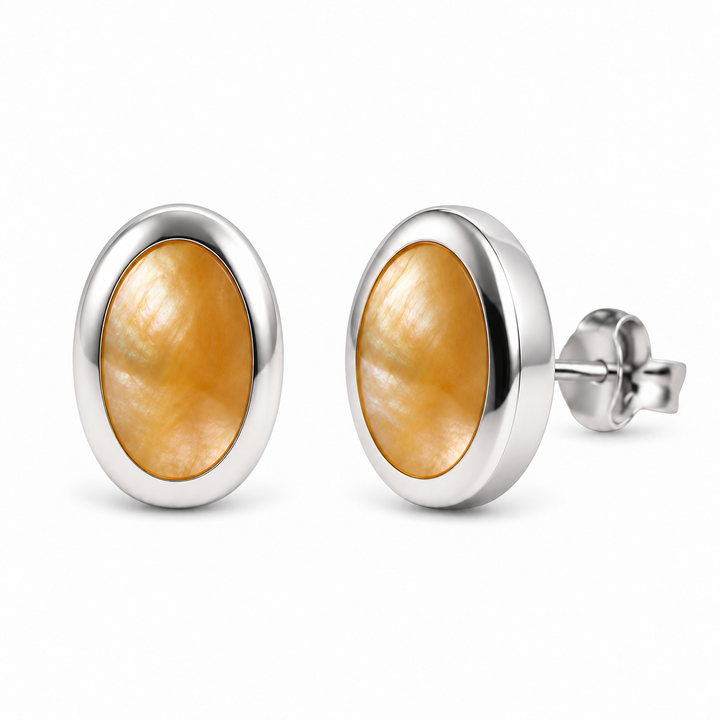 Gold Mother-of-Pearl Oval Stud Earrings in Rhodium-Plated Sterling Silver