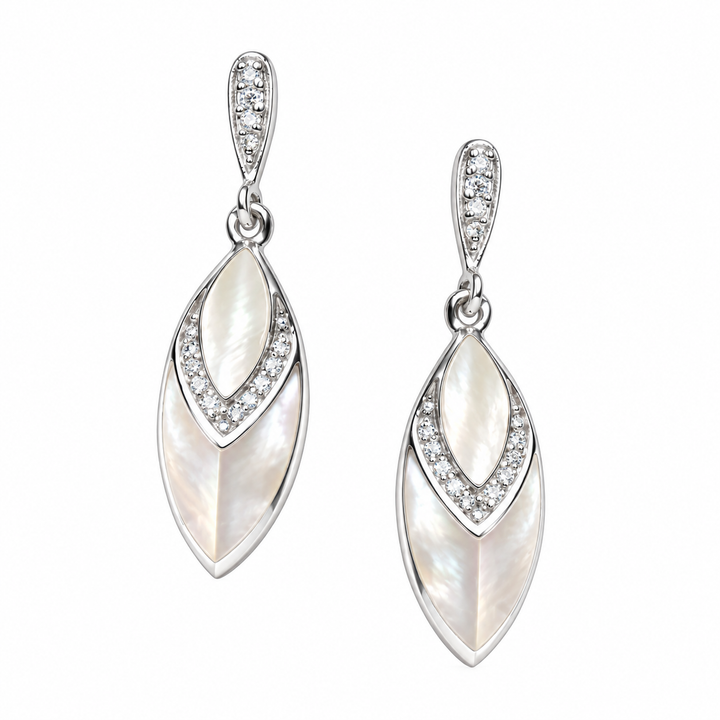 White Mother of Pearl and Cubic Zirconia Marquise Drop Earrings in Rhodium-Plated Sterling Silver