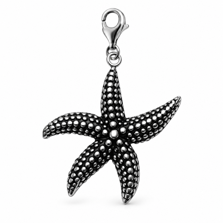 Sterling Silver Starfish Clip-On Charm with Lobster Clasp – Textured Ocean Pendant with 3.09 Inch Drop