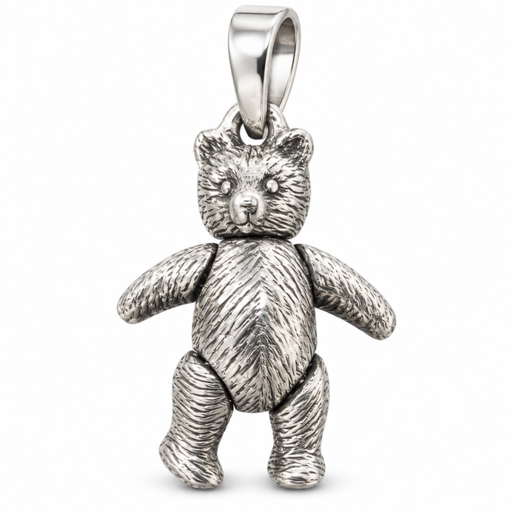 Sterling Silver Movable Teddy Bear Pendant – 1.1 Inch Articulated Bear Charm with Textured Fur Details