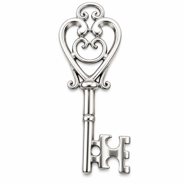 Sterling Silver Ornate Skeleton Key Pendant – 1.75 Inch Victorian-Style Heart Scrollwork Key Charm