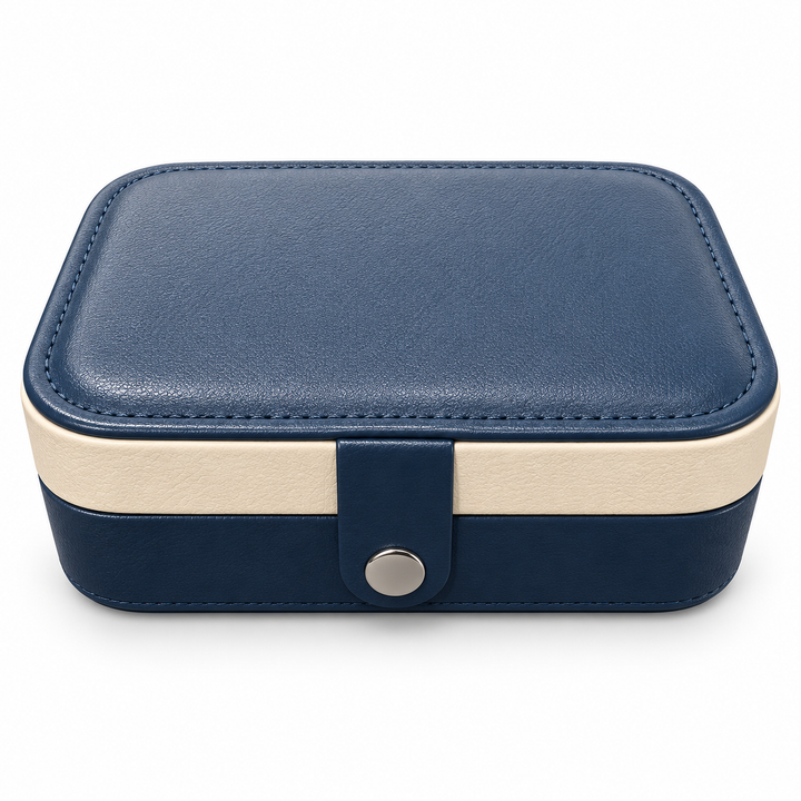 Classic Deep Blue and Cream Vegan Leather Travel Jewelry Box with Snap Closure – Holds 5 Necklaces, 20 Earrings and 12 Rings – 6.25 x 4.5 x 2 Inches
