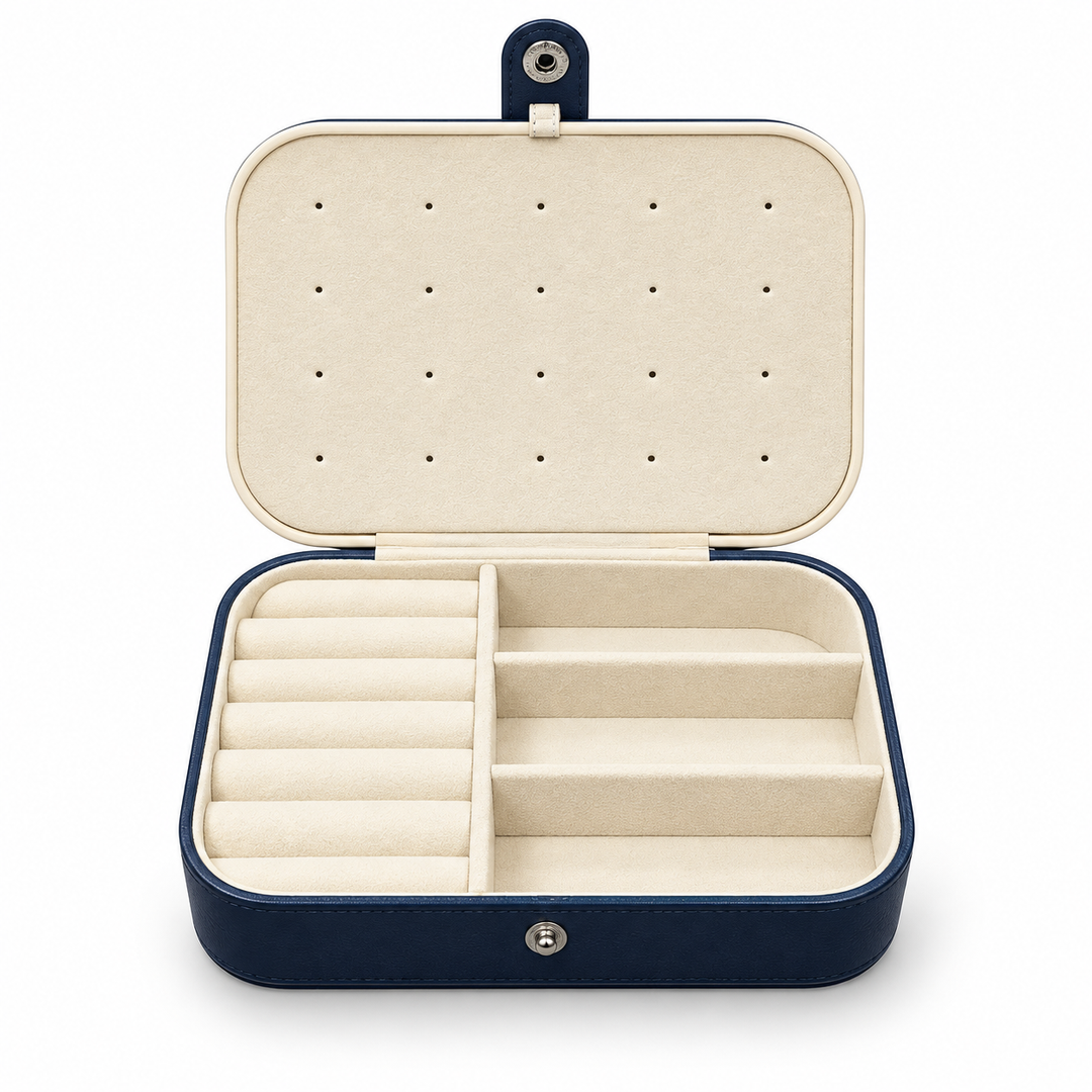 Classic Deep Blue and Cream Vegan Leather Travel Jewelry Box with Snap Closure – Holds 5 Necklaces, 20 Earrings and 12 Rings – 6.25 x 4.5 x 2 Inches