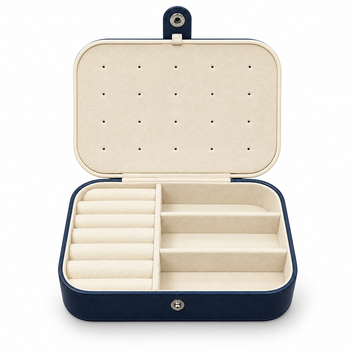 Classic Deep Blue and Cream Vegan Leather Travel Jewelry Box with Snap Closure – Holds 5 Necklaces, 20 Earrings and 12 Rings – 6.25 x 4.5 x 2 Inches