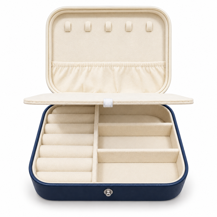 Classic Deep Blue and Cream Vegan Leather Travel Jewelry Box with Snap Closure – Holds 5 Necklaces, 20 Earrings and 12 Rings – 6.25 x 4.5 x 2 Inches