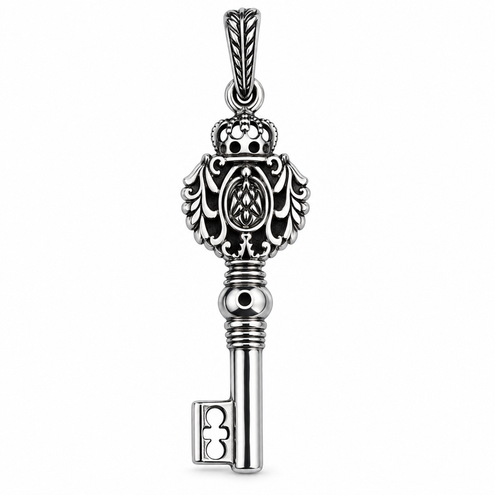 Sterling Silver Ornate Regal Key Pendant with Filigree Detailing – 2 Inch