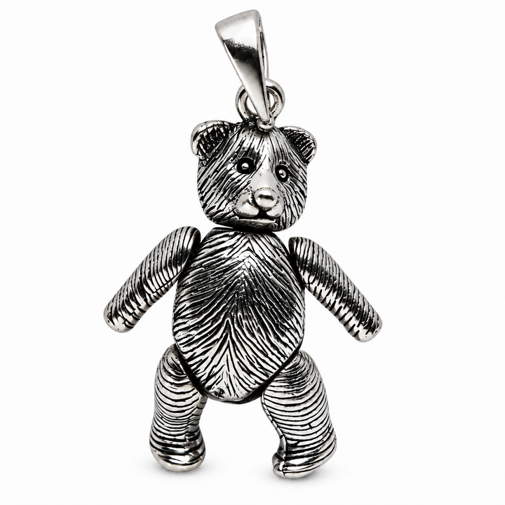 Solid Sterling Silver Articulated Teddy Bear Pendant with Movable Arms, Legs and Turning Head – 1 1/2 Inch