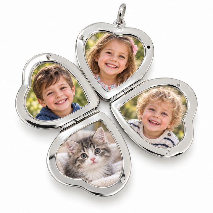 Sterling Silver Four-Picture Heart Locket – Double-Hinged Folding Photo Pendant – 1 Inch Wide