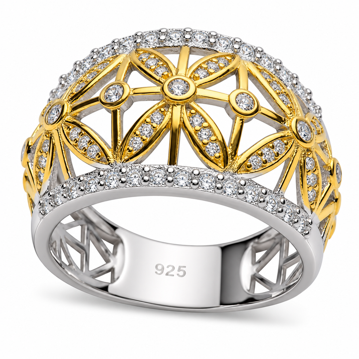 Two-Tone Sterling Silver Floral Ring with 71 Clear CZ Stones – 14K Gold and Rhodium Plated