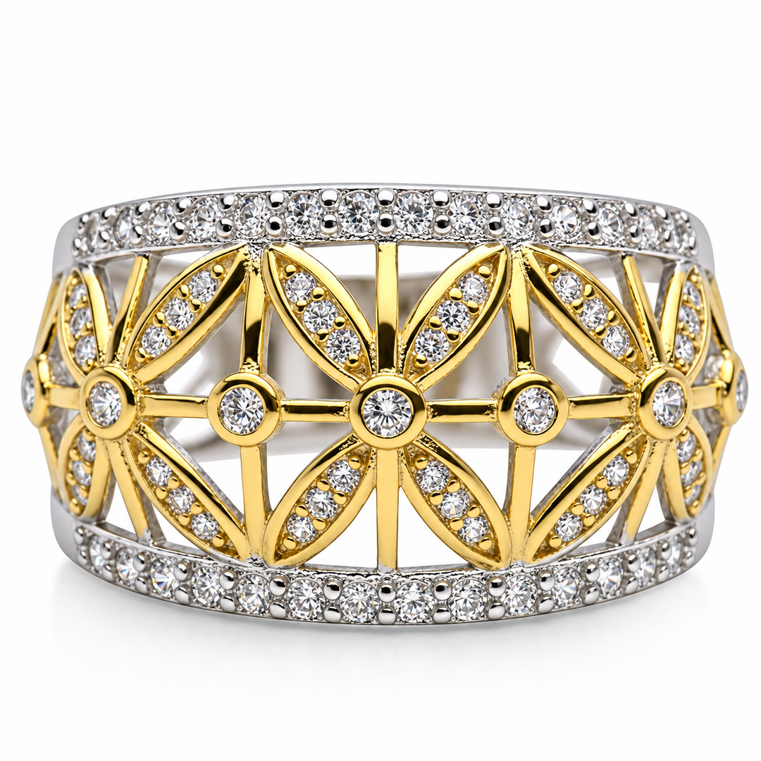 Two-Tone Sterling Silver Floral Ring with 71 Clear CZ Stones – 14K Gold and Rhodium Plated