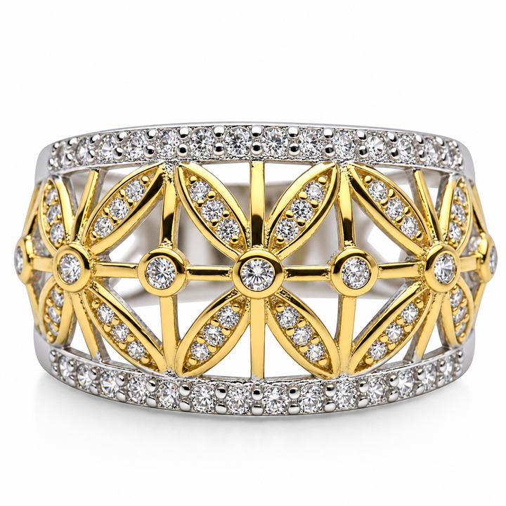 Two-Tone Sterling Silver Floral Ring with 71 Clear CZ Stones – 14K Gold and Rhodium Plated