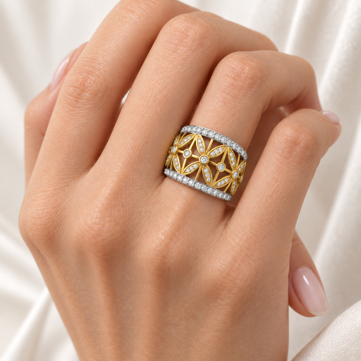 Two-Tone Sterling Silver Floral Ring with 71 Clear CZ Stones – 14K Gold and Rhodium Plated