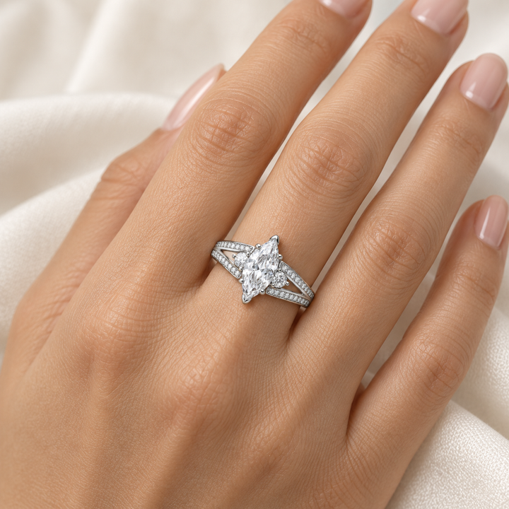 Sterling Silver Marquise Cubic Zirconia Ring – 1.62 Carat Center Stone with Split Pavé Band