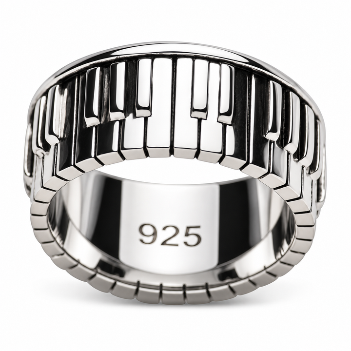 Sterling Silver Piano Keyboard Ring – Rhodium-Plated Musician Band – 8.5 mm Wide