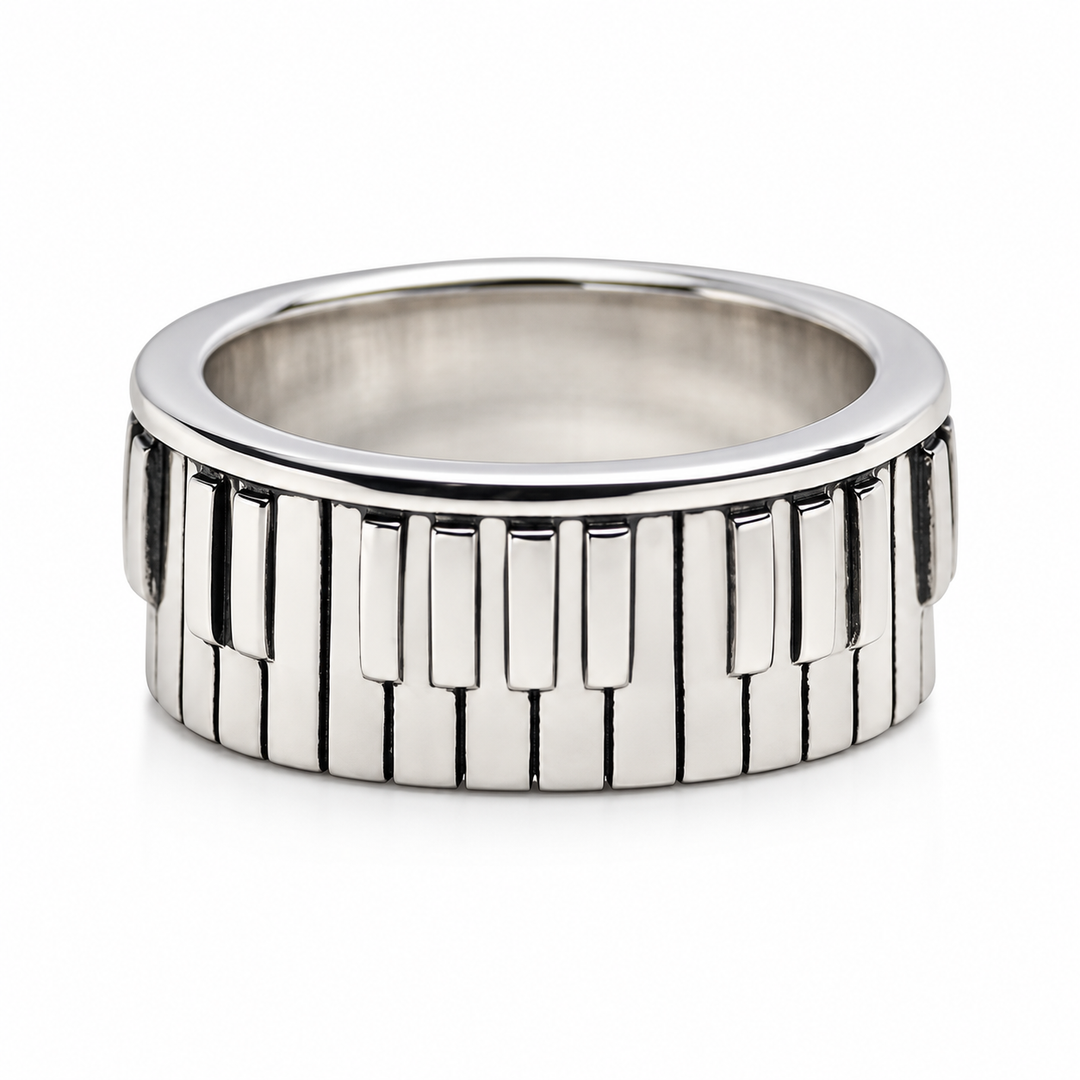 Sterling Silver Piano Keyboard Ring – Rhodium-Plated Musician Band – 8.5 mm Wide