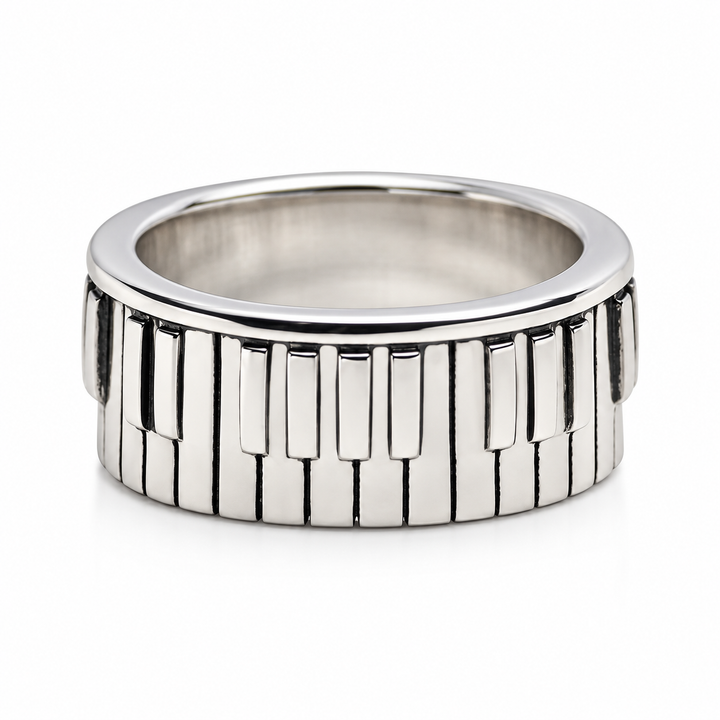 Sterling Silver Piano Keyboard Ring – Rhodium-Plated Musician Band – 8.5 mm Wide