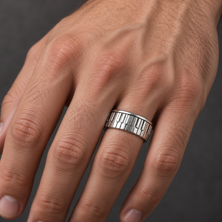 Sterling Silver Piano Keyboard Ring – Rhodium-Plated Musician Band – 8.5 mm Wide