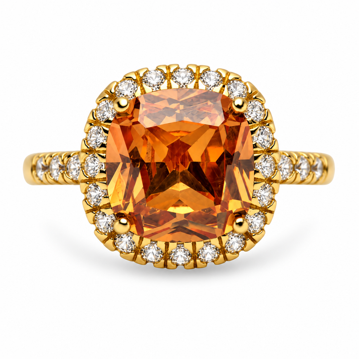 6.5 CTW Orange Cushion-Cut Cubic Zirconia Halo Ring in 14K Gold-Plated Sterling Silver