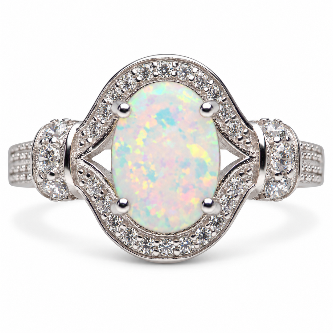 Created White Opal and Cubic Zirconia Crisscross Ring in Sterling Silver