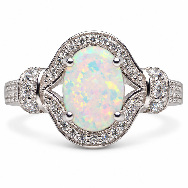 Created White Opal and Cubic Zirconia Crisscross Ring in Sterling Silver