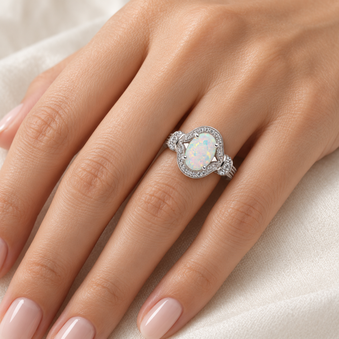 Created White Opal and Cubic Zirconia Crisscross Ring in Sterling Silver