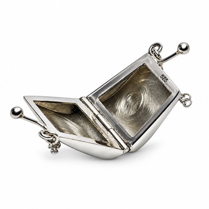 Glamorous Sterling Silver Purse-Shaped Earring Holder with Movable Chain and Opening Clasp – Luxury Wedding Guest Table Favor – 2 Inches