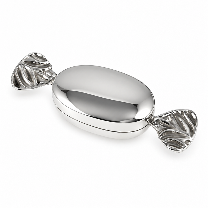Handmade Sterling Silver Candy-Shaped Keepsake Box with Hinged Lid – 925 Silver Ring, Earring or Trinket Box – 2 3/8 Inches