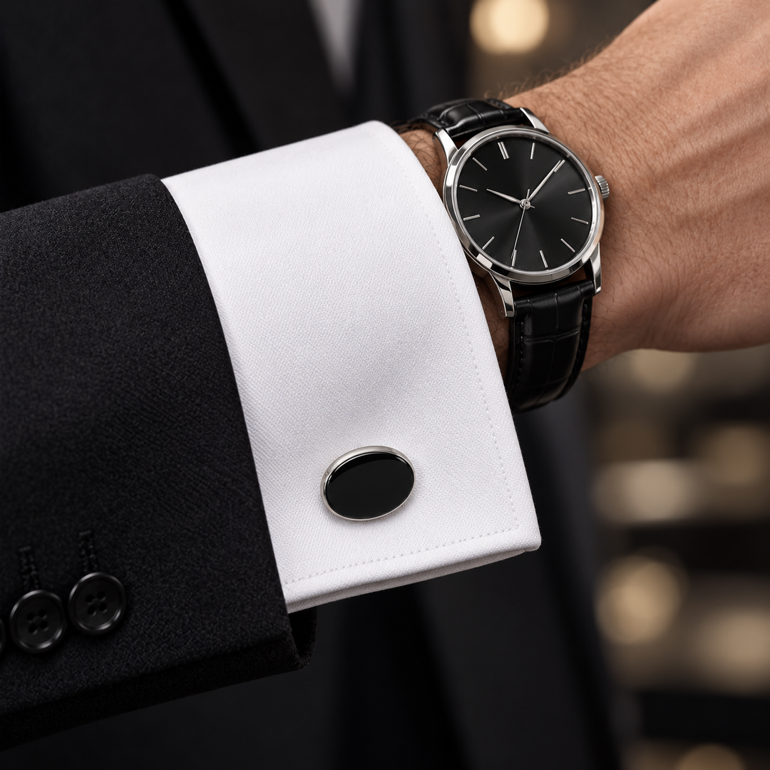Men’s Handmade Sterling Silver Black Onyx Cufflinks – Classic 1/2 Inch Round Formal Cuff Links
