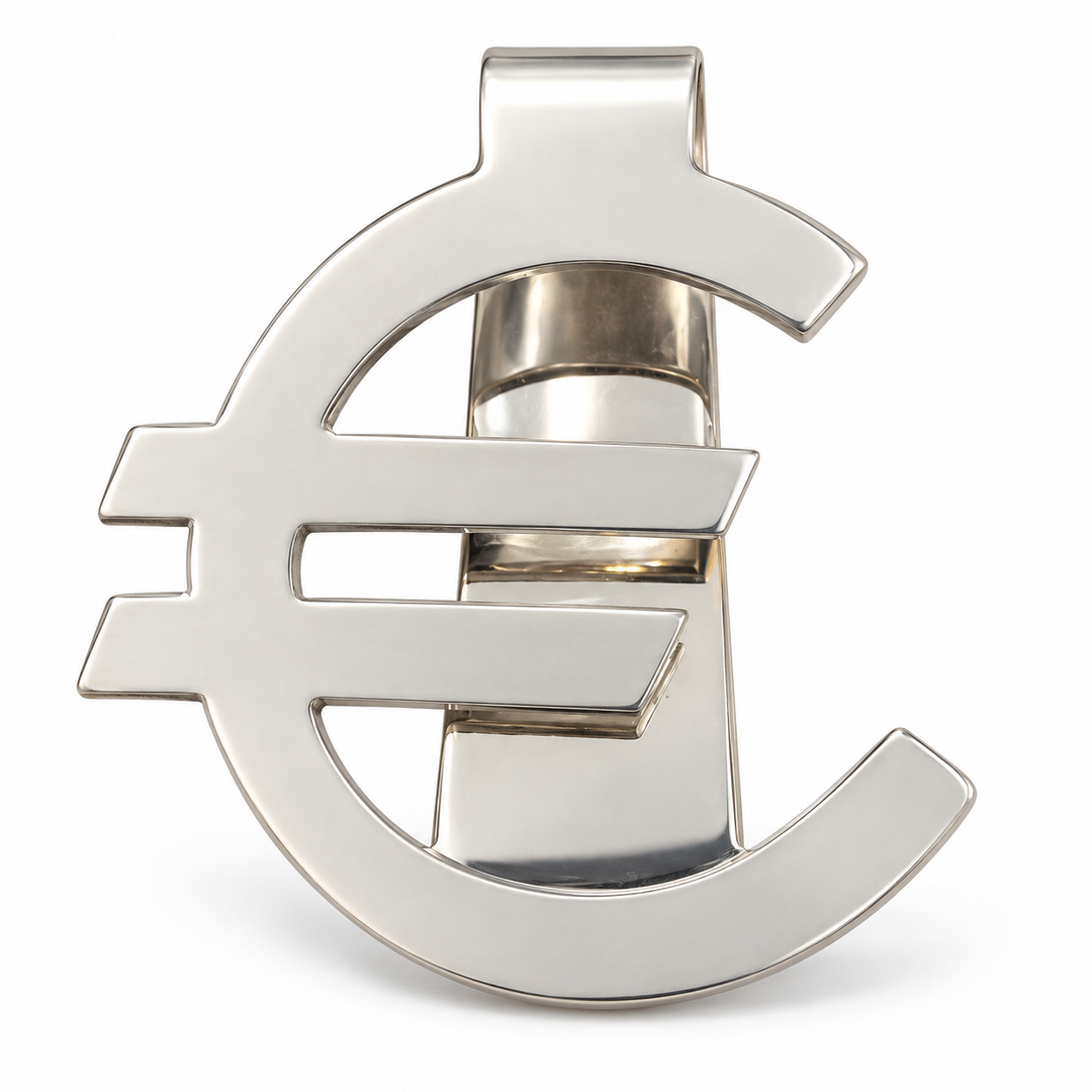 Euro Symbol Money Clip – Polished Silver-Tone Currency Design – 2 Inch Wide