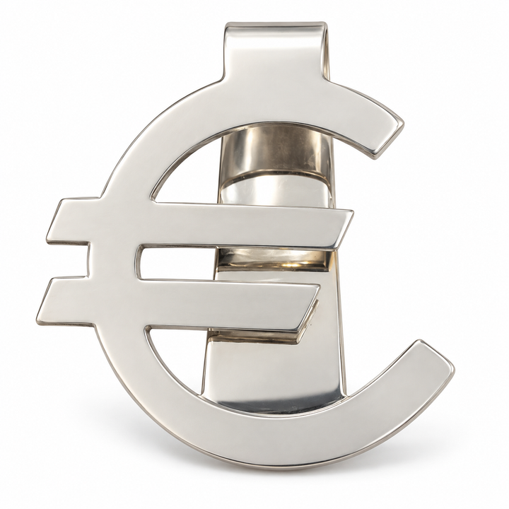 Euro Symbol Money Clip – Polished Silver-Tone Currency Design – 2 Inch Wide