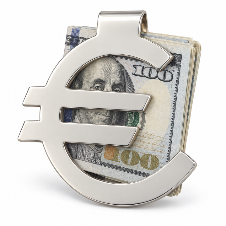 Euro Symbol Money Clip – Polished Silver-Tone Currency Design – 2 Inch Wide