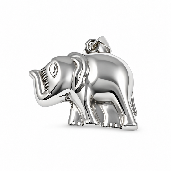 Semi-Solid Sterling Silver Elephant Pendant with Raised Trunk – Good Luck Animal Charm – 1 Inch or 25 mm