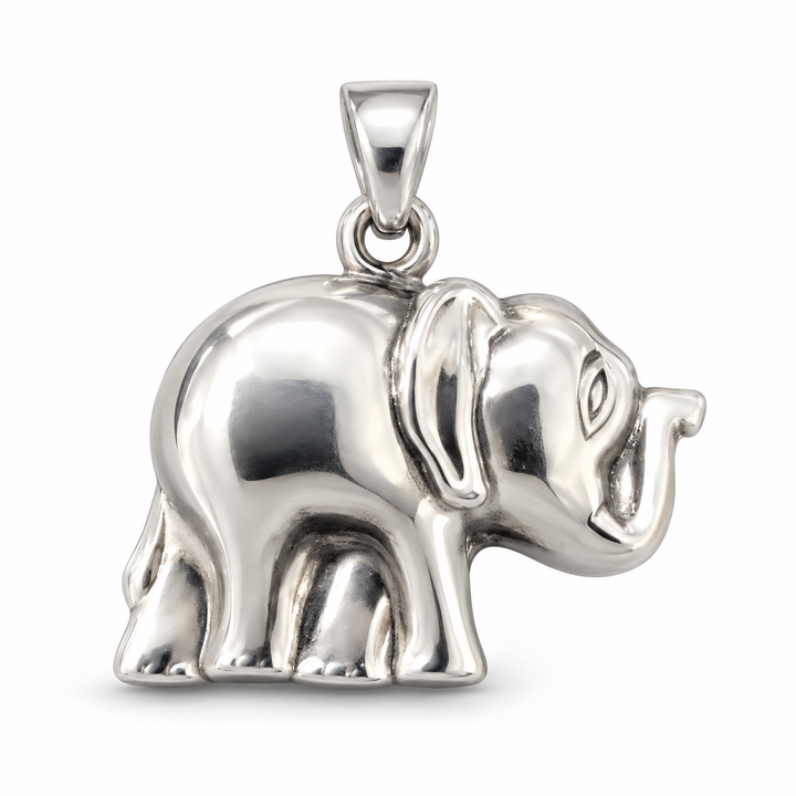 Semi-Solid Sterling Silver Elephant Pendant with Raised Trunk – Good Luck Animal Charm – 1 Inch or 25 mm