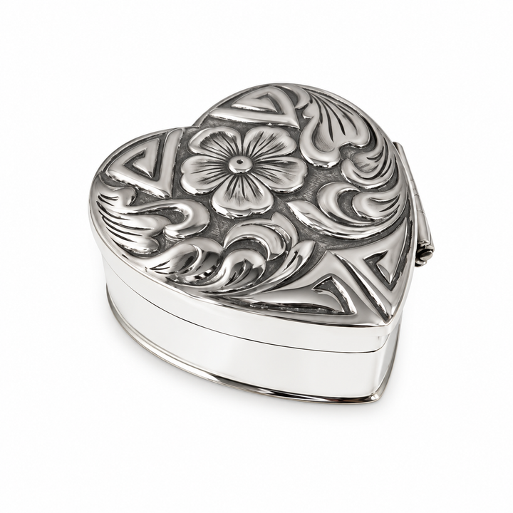 925 Sterling Silver Heart-Shaped Ring Proposal Box with Hinged Floral Lid – Earring and Keepsake Box – 1 Inch