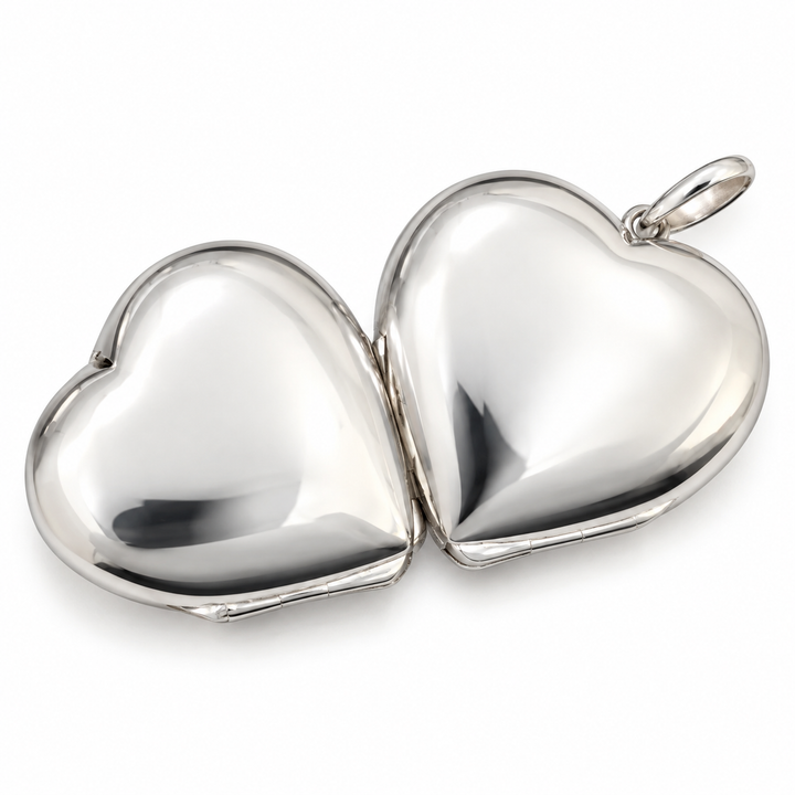 Sterling Silver Four-Picture Heart Locket – Double-Hinged Folding Photo Pendant – 1 Inch Wide