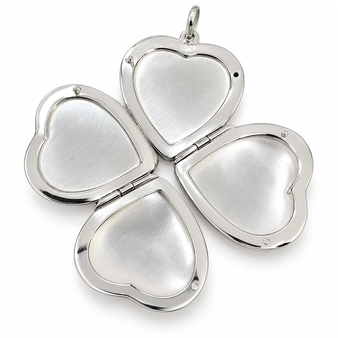 Sterling Silver Four-Picture Heart Locket – Double-Hinged Folding Photo Pendant – 1 Inch Wide