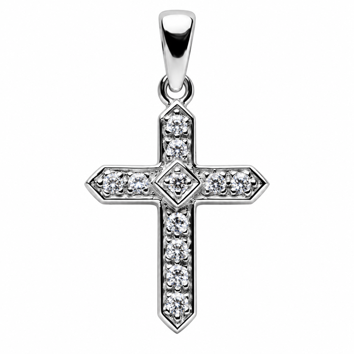 Sterling Silver Cross Pendant with 13 Clear Stones – 1.25 Inch Religious Jewelry