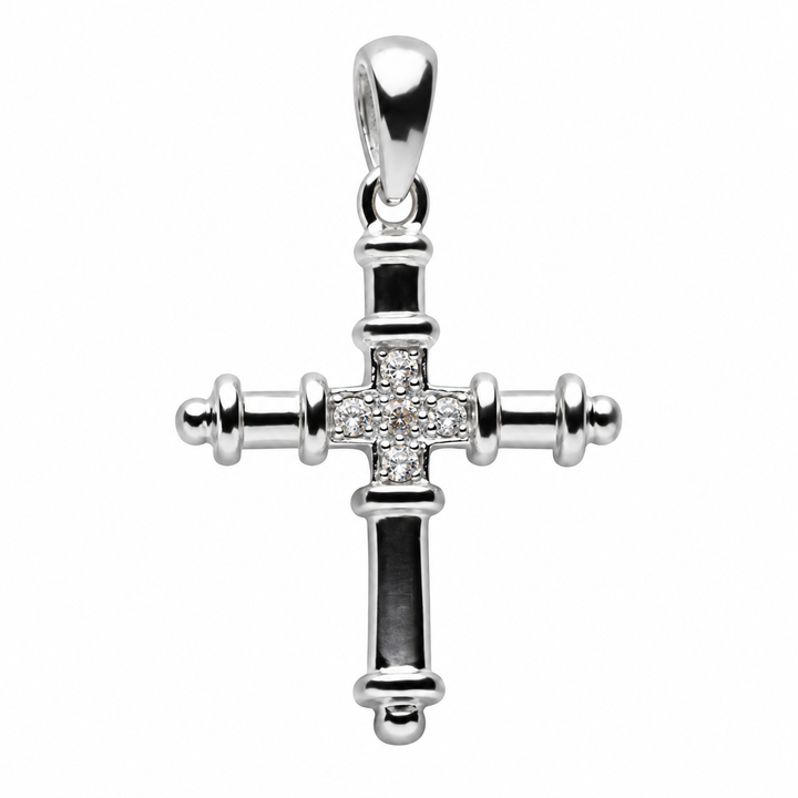 Ornate Sterling Silver Cross Pendant with 5 Crystal Stones – 1.3 Inch