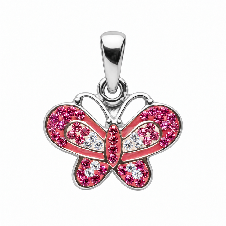 Pink Ombré Crystal Butterfly Charm Pendant in Sterling Silver – 0.75 Inch Wide