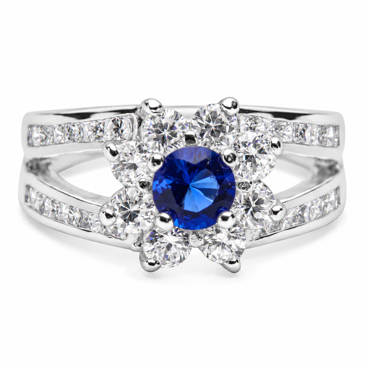 4 mm Lab-Created Blue Sapphire Halo Ring in Sterling Silver with Clear Accent Stones