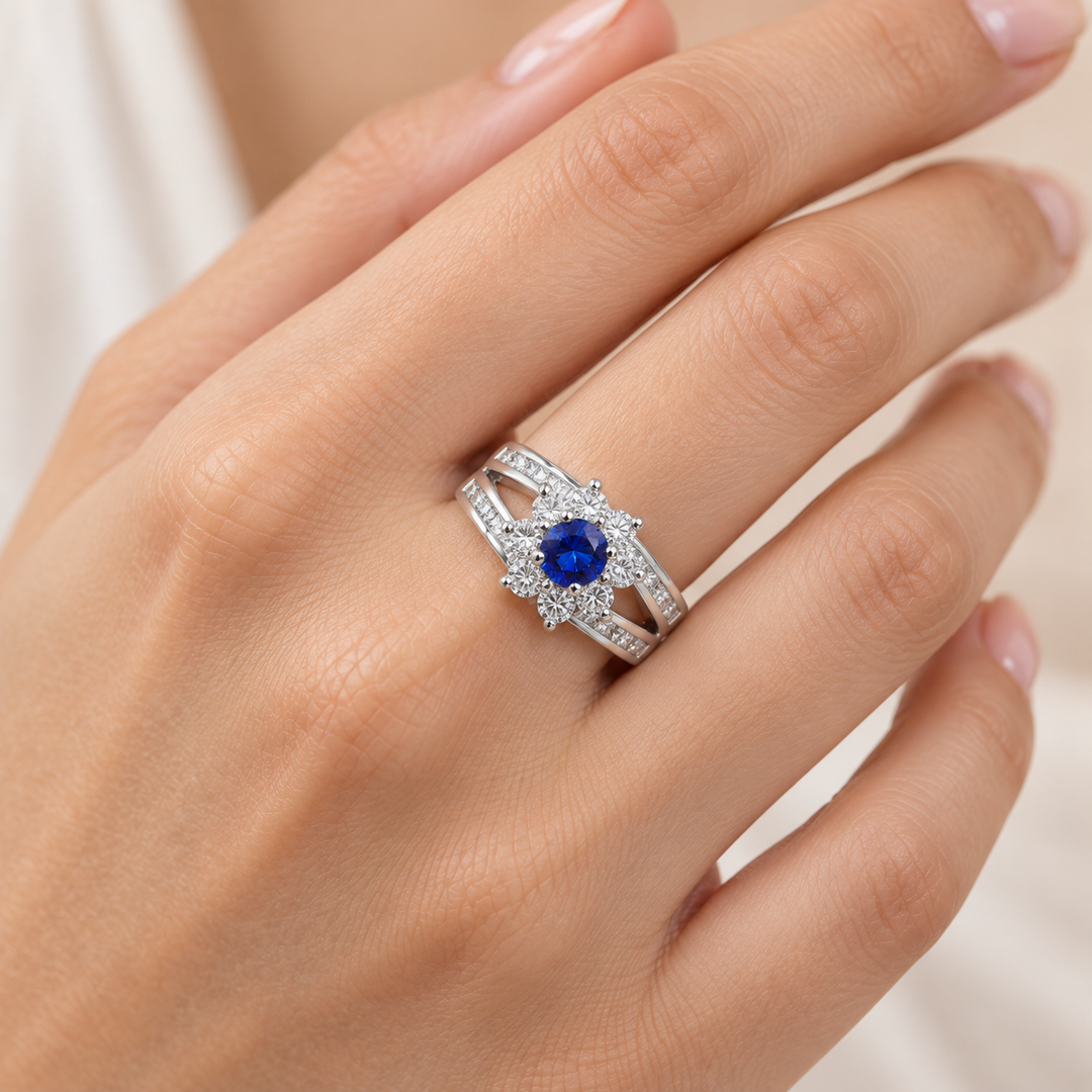 4 mm Lab-Created Blue Sapphire Halo Ring in Sterling Silver with Clear Accent Stones