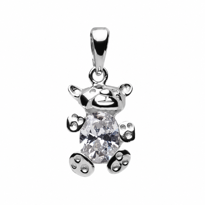 Sterling Silver Teddy Bear Pendant with 6 mm Diamond Simulant Crystal – 1 Inch