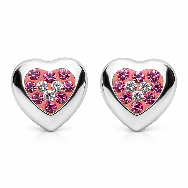 Pink & Clear Crystal Heart Sterling Silver Post Earrings – 0.4 Inch